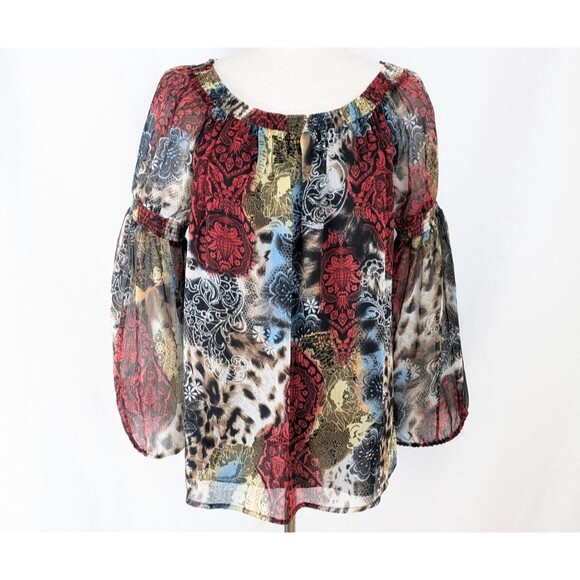 Alberto Makali Sheer Top Women's LG Abstract Floral Bishop Sleeves - Picture 1 of 7